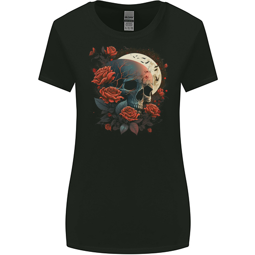 A Dark Fantasy Skull With Roses and Moon Mens Womens Kids Unisex Black Womens Missy Fit