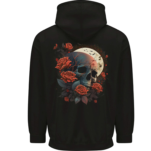A Dark Fantasy Skull With Roses and Moon Mens Womens Kids Unisex Black Zip Up Hoodie Back Print