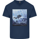 A Deep Sea Scuba Diver Diving Mens V-Neck Cotton T-Shirt Navy Blue