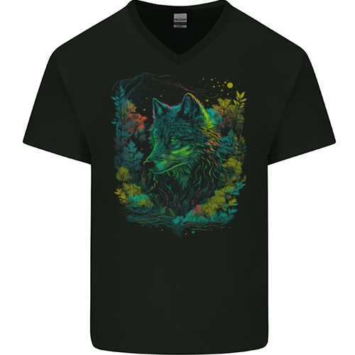 A Fantasy Wolf in the Forest Mens Womens Kids Unisex Black Mens V-Neck T-Shirt