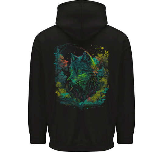 A Fantasy Wolf in the Forest Mens Womens Kids Unisex Black Zip Up Hoodie Back Print