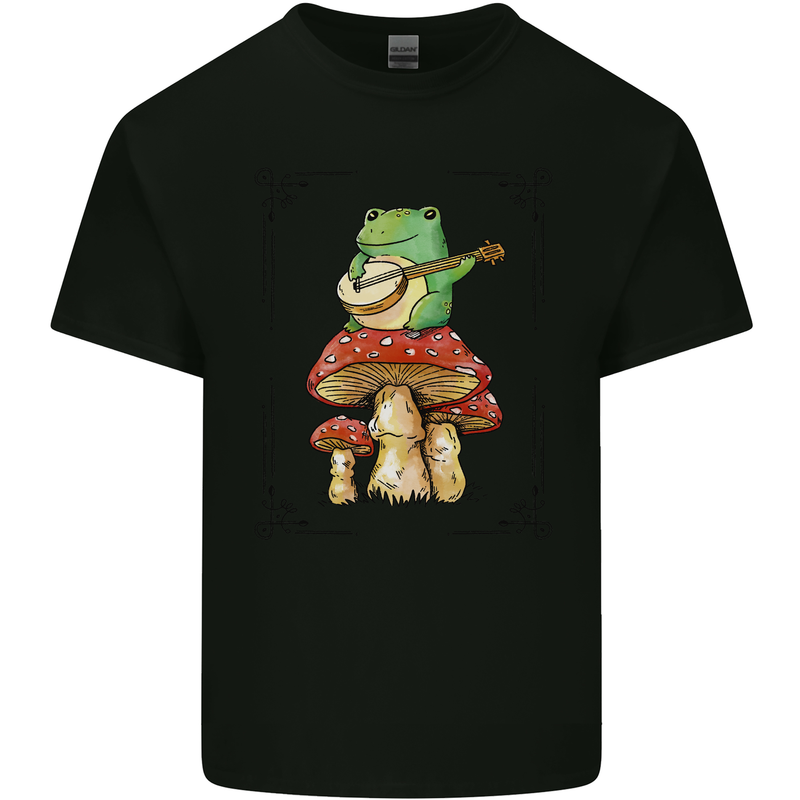 A Frog Playing the Guitar on a Toadstool Mens Cotton T-Shirt Tee Top Black