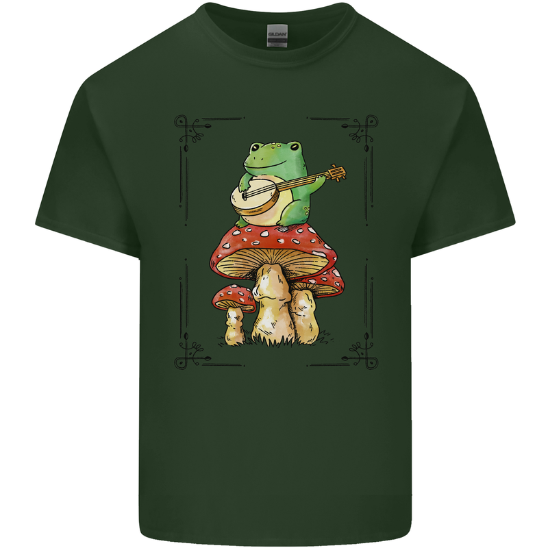 A Frog Playing the Guitar on a Toadstool Mens Cotton T-Shirt Tee Top Forest Green