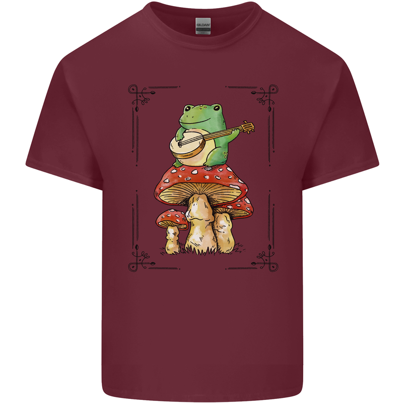 A Frog Playing the Guitar on a Toadstool Mens Cotton T-Shirt Tee Top Maroon