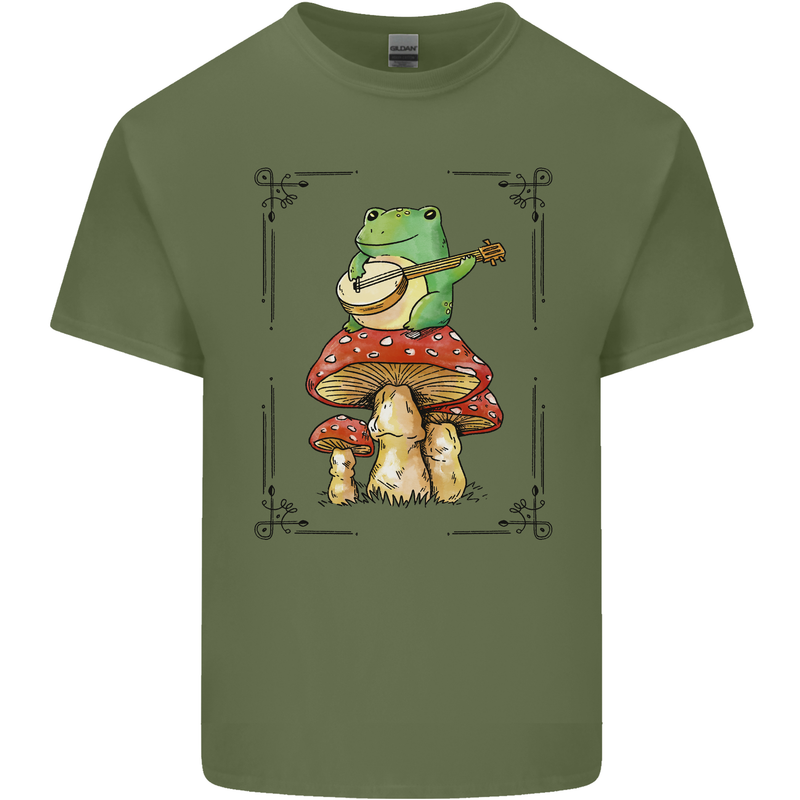 A Frog Playing the Guitar on a Toadstool Mens Cotton T-Shirt Tee Top Military Green