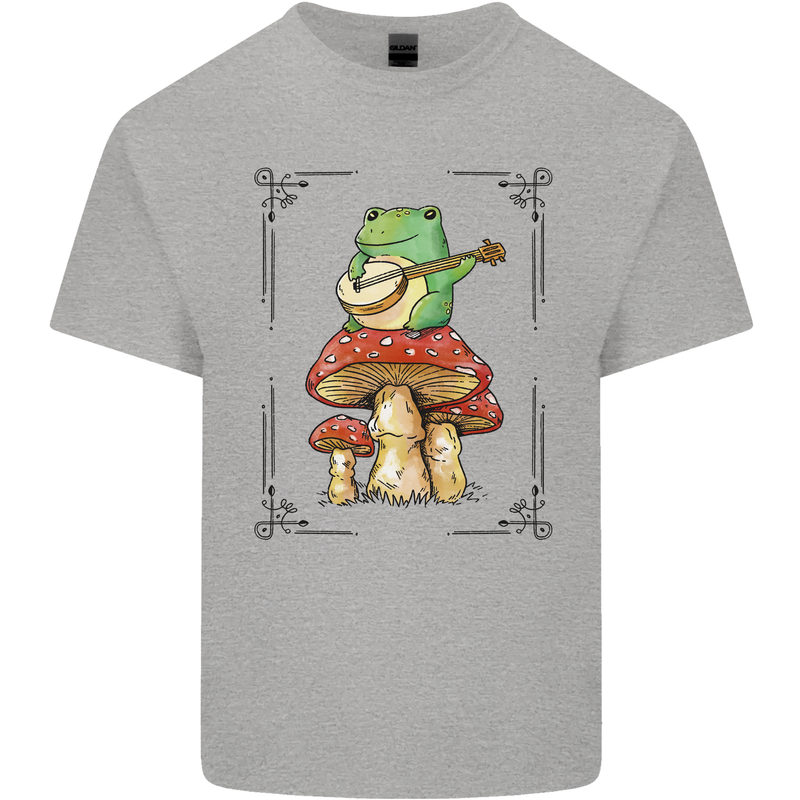 A Frog Playing the Guitar on a Toadstool Mens Cotton T-Shirt Tee Top Sports Grey