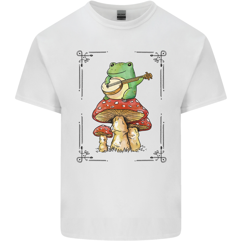 A Frog Playing the Guitar on a Toadstool Mens Cotton T-Shirt Tee Top White