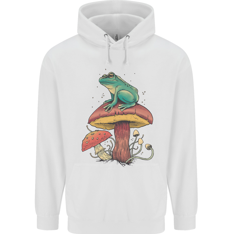 A Frog Sitting on a Mushroom Mens 80% Cotton Hoodie White