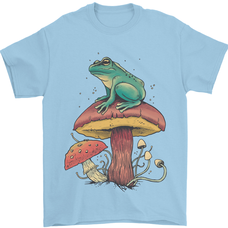 A Frog Sitting on a Mushroom Mens T-Shirt Cotton Gildan Light Blue