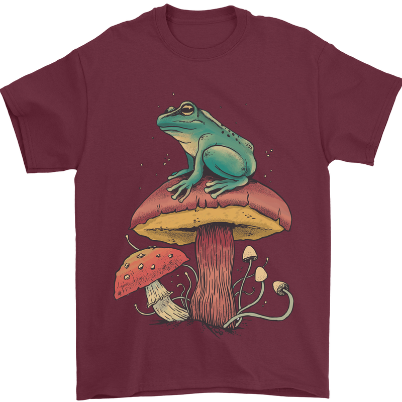 A Frog Sitting on a Mushroom Mens T-Shirt Cotton Gildan Maroon