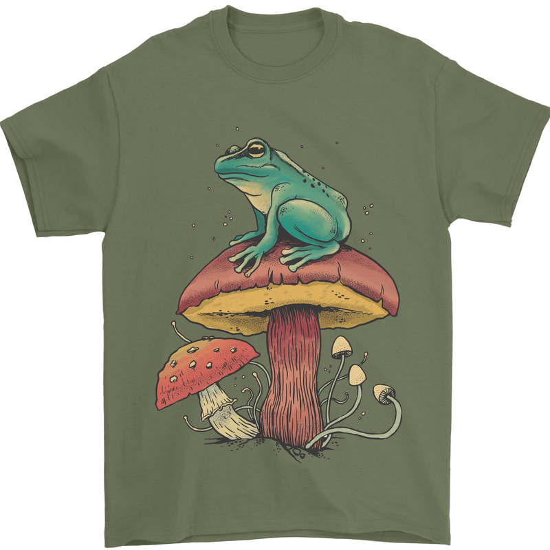 A Frog Sitting on a Mushroom Mens T-Shirt Cotton Gildan Military Green