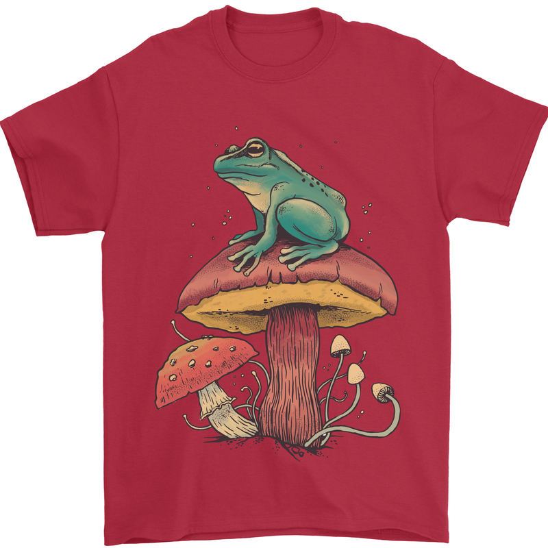 A Frog Sitting on a Mushroom Mens T-Shirt Cotton Gildan Red