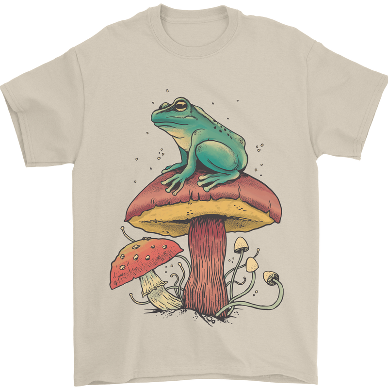 A Frog Sitting on a Mushroom Mens T-Shirt Cotton Gildan Sand