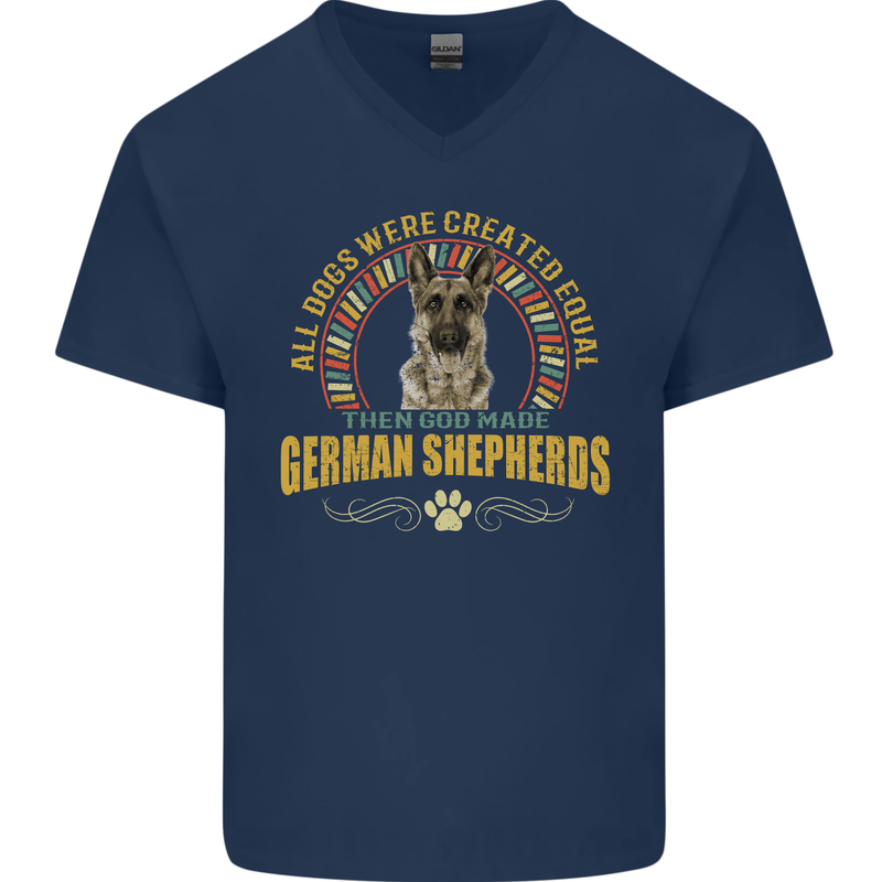 A German Shepherd Dog Mens V-Neck Cotton T-Shirt Navy Blue