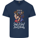 A Girl Who Loves Books Bookworm Reading Mens V-Neck Cotton T-Shirt Navy Blue