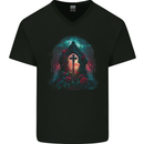 A Gothic Cross at a Tombstone Gothic Fantasy Mens V-Neck Cotton T-Shirt Black