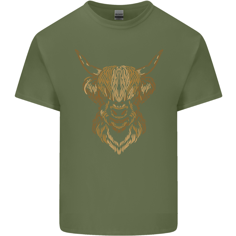 A Highland Cow Drawing Mens Cotton T-Shirt Tee Top Military Green