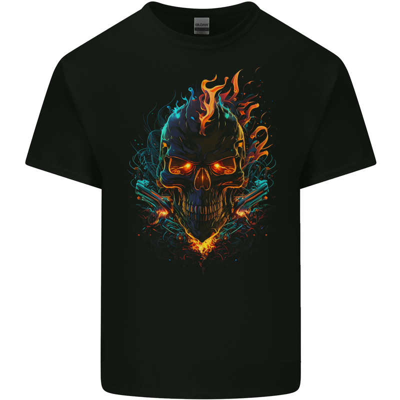 A Neon Skull With Flames Fantasy Demon Mens Cotton T-Shirt Tee Top BLACK
