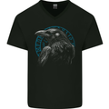 A Raven in Viking Symbols Text Valhalla Mens V-Neck Cotton T-Shirt Black
