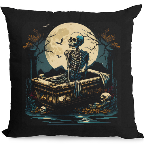 A Skeleton & Coffin in a Graveyard Halloween Mens Womens Kids Unisex Black Cushion Cover