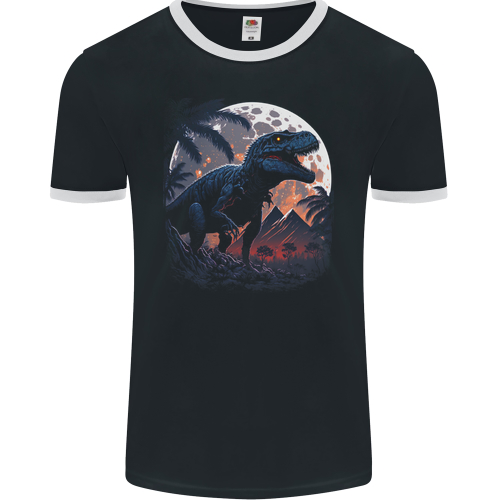 A T-Rex in Front of the Moon Dinosaurs Mens Womens Kids Unisex Black Mens Ringer