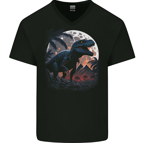 A T-Rex in Front of the Moon Dinosaurs Mens Womens Kids Unisex Black Mens V-Neck T-Shirt