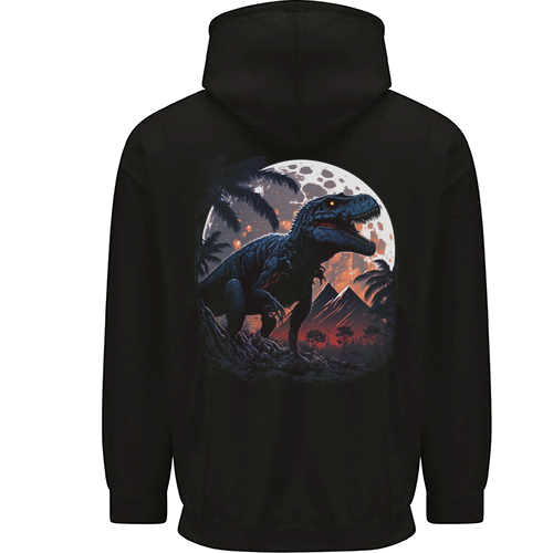 A T-Rex in Front of the Moon Dinosaurs Mens Womens Kids Unisex Black Zip Up Hoodie Back Print
