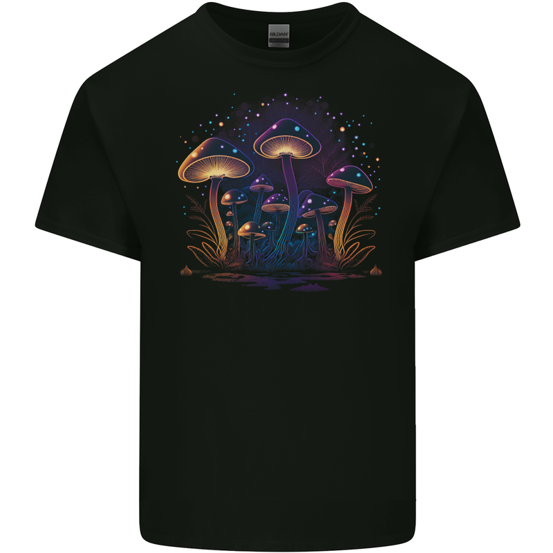 A Trippy Magic Mushroom Forest LSD Mens Cotton T-Shirt Tee Top BLACK