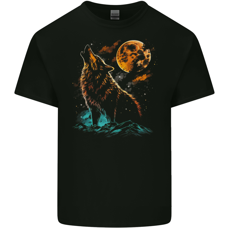 A Wolf Howling With the Moon at Night Mens Cotton T-Shirt Tee Top BLACK