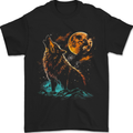 A Wolf Howling With the Moon at Night Mens T-Shirt 100% Cotton Black