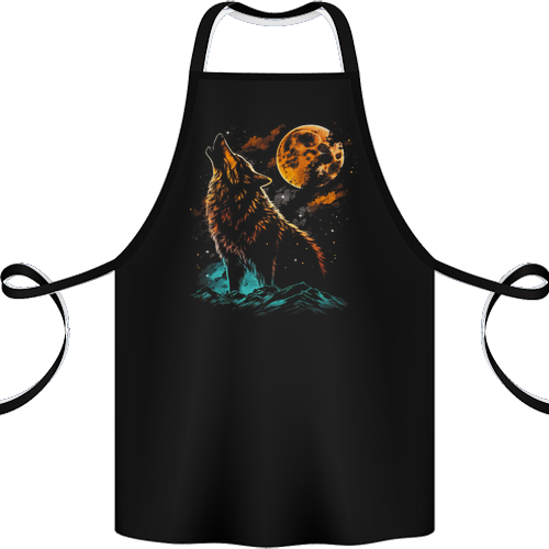 A Wolf Howling With the Moon at Night Mens Womens Kids Unisex Black Apron 100% Cotton