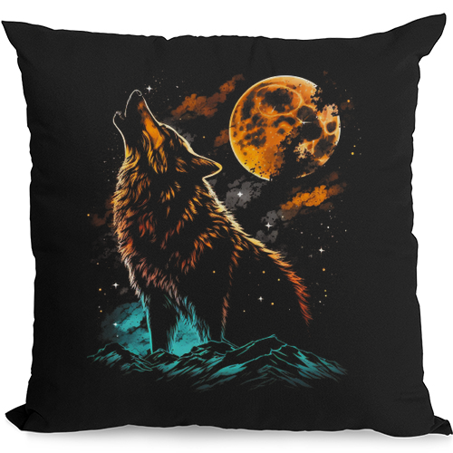 A Wolf Howling With the Moon at Night Mens Womens Kids Unisex Black Cushion Cover