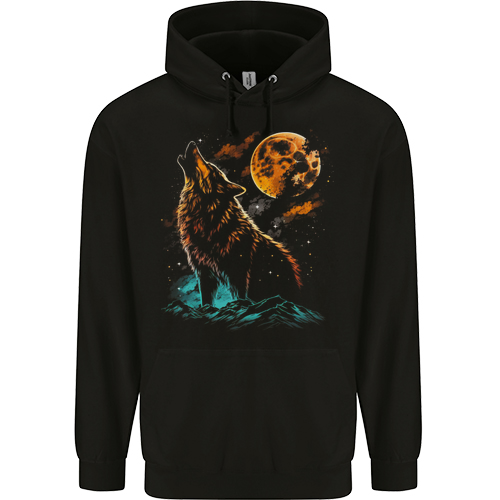 A Wolf Howling With the Moon at Night Mens Womens Kids Unisex Black Kids Hoodie