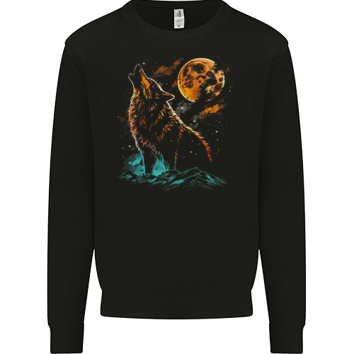 A Wolf Howling With the Moon at Night Mens Womens Kids Unisex Black Kids Sweatshirt