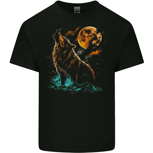 A Wolf Howling With the Moon at Night Mens Womens Kids Unisex Black Kids T-Shirt
