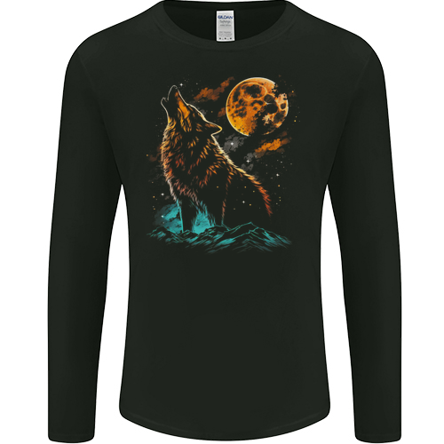 A Wolf Howling With the Moon at Night Mens Womens Kids Unisex Black Mens L\S T-Shirt