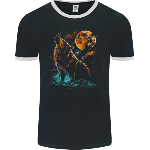 A Wolf Howling With the Moon at Night Mens Womens Kids Unisex Black Mens Ringer