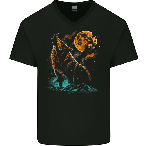 A Wolf Howling With the Moon at Night Mens Womens Kids Unisex Black Mens V-Neck T-Shirt
