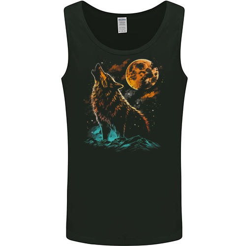 A Wolf Howling With the Moon at Night Mens Womens Kids Unisex Black Mens Vest