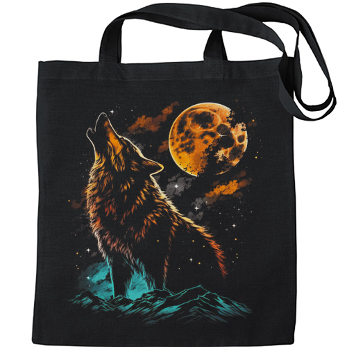 A Wolf Howling With the Moon at Night Mens Womens Kids Unisex Black Tote Bag