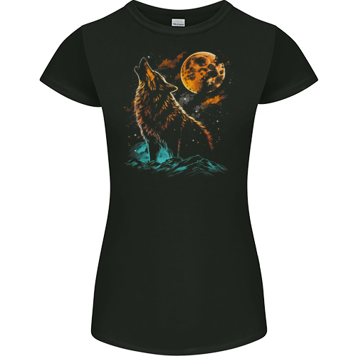 A Wolf Howling With the Moon at Night Mens Womens Kids Unisex Black Womens Junior Fit