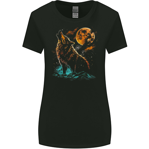 A Wolf Howling With the Moon at Night Mens Womens Kids Unisex Black Womens Missy Fit