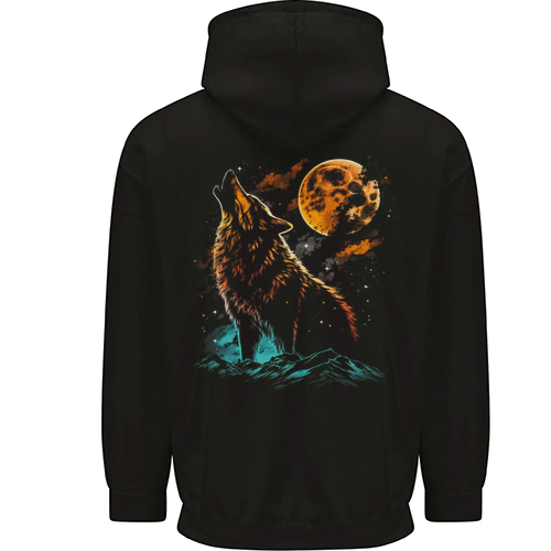 A Wolf Howling With the Moon at Night Mens Womens Kids Unisex Black Zip Up Hoodie Back Print