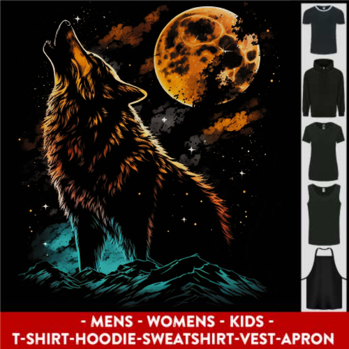 A Wolf Howling With the Moon at Night Mens Womens Kids Unisex Main Image
