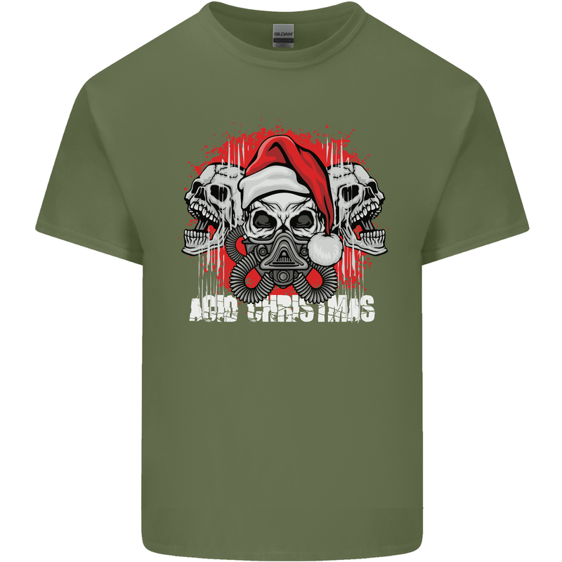 Acid Christmas Skulls Mens Cotton T-Shirt Tee Top Military Green