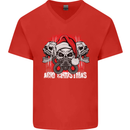 Acid Christmas Skulls Mens V-Neck Cotton T-Shirt Red