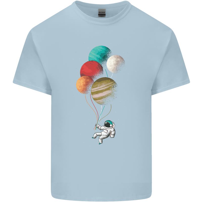 An Astronaut With Planets as Balloons Space Mens Cotton T-Shirt Tee Top Light Blue
