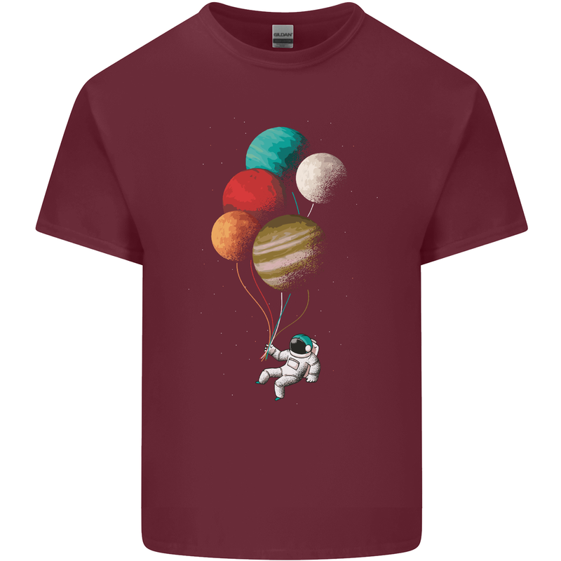 An Astronaut With Planets as Balloons Space Mens Cotton T-Shirt Tee Top Maroon