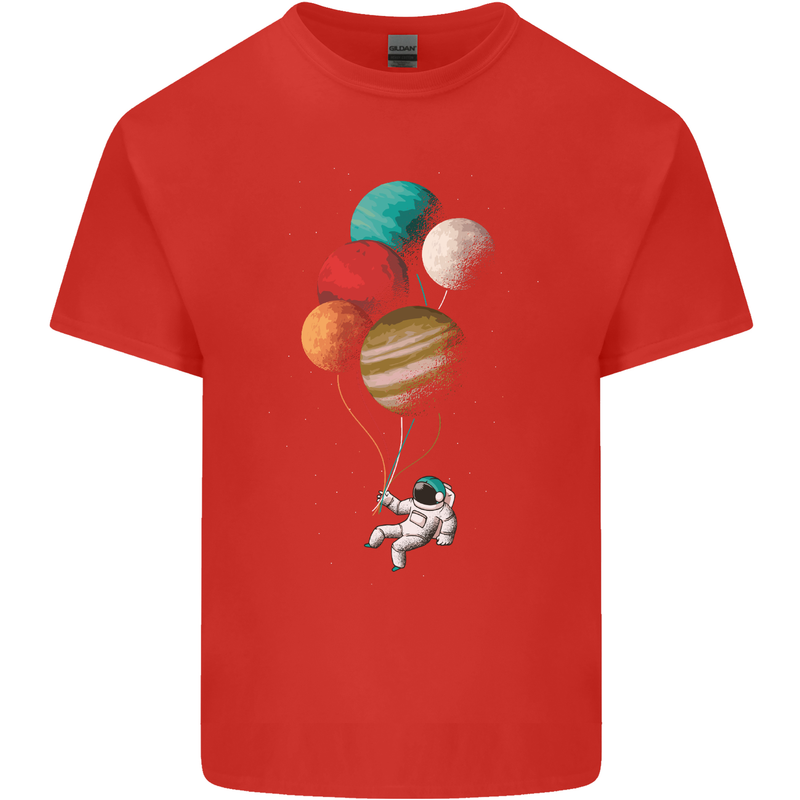 An Astronaut With Planets as Balloons Space Mens Cotton T-Shirt Tee Top Red