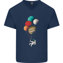 An Astronaut With Planets as Balloons Space Mens V-Neck Cotton T-Shirt Navy Blue